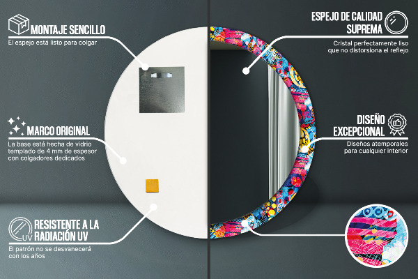 Miroir rond cadre avec impression Gribouillis colorés