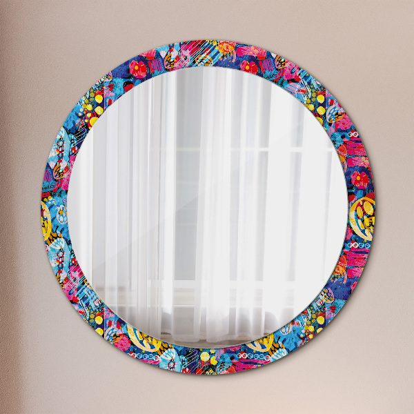 Miroir rond cadre avec impression Gribouillis colorés