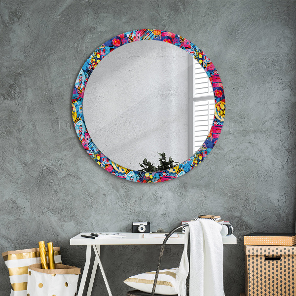 Miroir rond cadre avec impression Gribouillis colorés