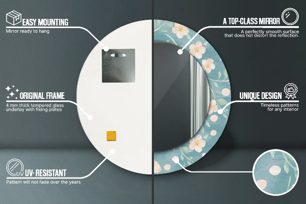 Miroir rond cadre avec impression Motif floral