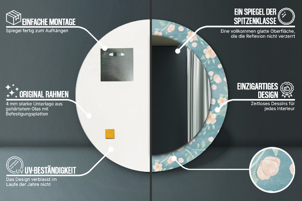 Miroir rond cadre avec impression Motif floral