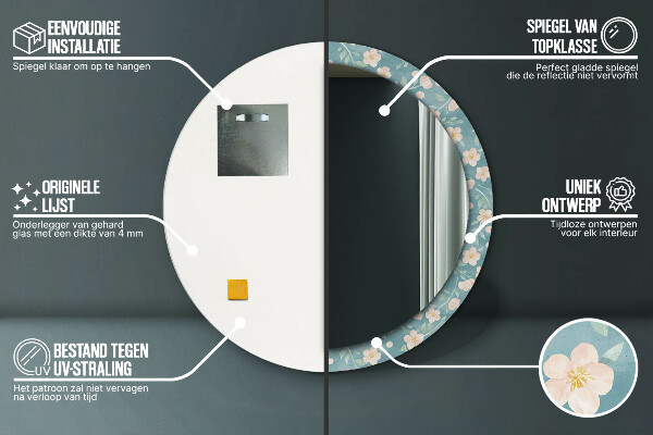Miroir rond cadre avec impression Motif floral