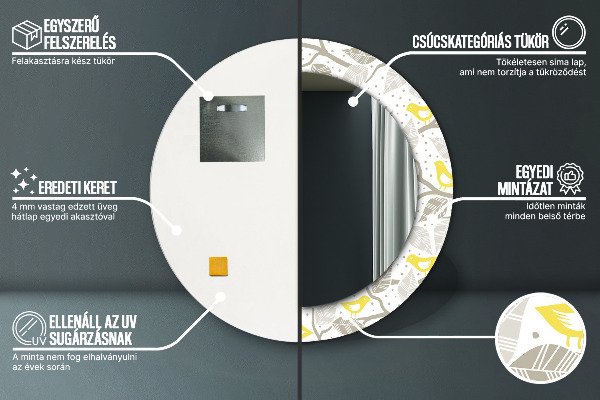 Miroir rond cadre avec impression Oiseaux jaunes sur les branches