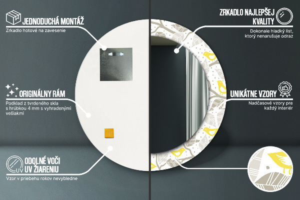 Miroir rond cadre avec impression Oiseaux jaunes sur les branches
