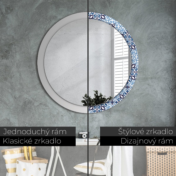 Miroir rond cadre avec impression Motif arabe bleu