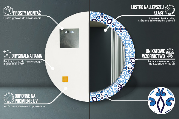 Miroir rond cadre avec impression Motif arabe bleu