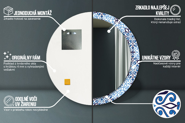 Miroir rond cadre avec impression Motif arabe bleu