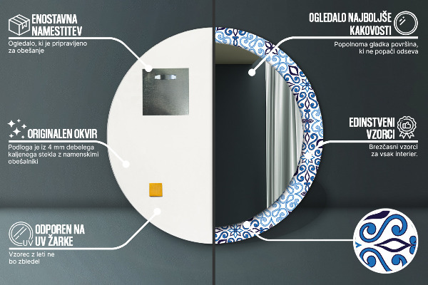 Miroir rond cadre avec impression Motif arabe bleu