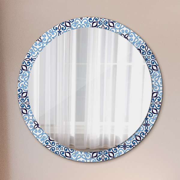 Miroir rond cadre avec impression Motif arabe bleu