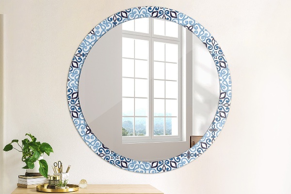 Miroir rond cadre avec impression Motif arabe bleu