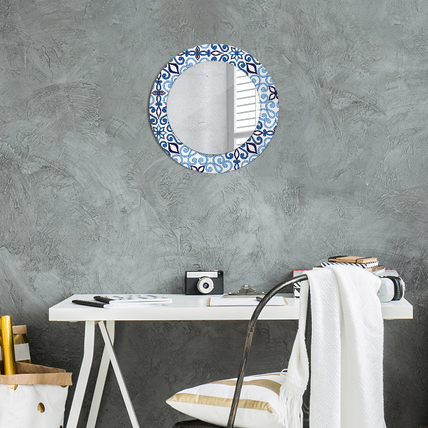 Miroir rond cadre avec impression Motif arabe bleu
