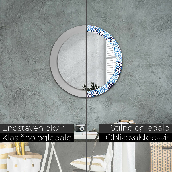 Miroir rond cadre avec impression Motif arabe bleu