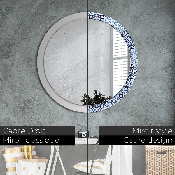 Miroir rond cadre avec impression Motif arabe bleu