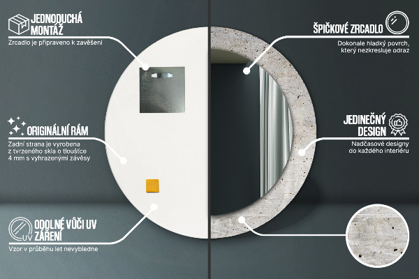 Miroir rond imprimé Béton gris