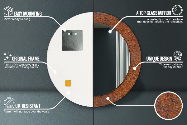 Miroir rond cadre avec impression Métal rouillé