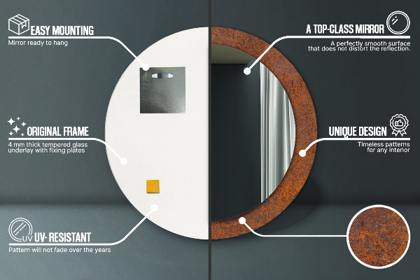 Miroir rond cadre avec impression Métal rouillé