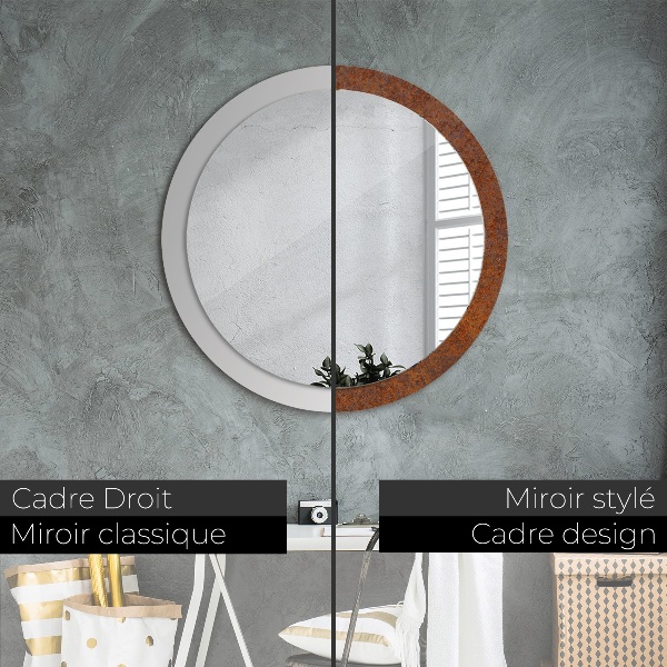 Miroir rond cadre avec impression Métal rouillé