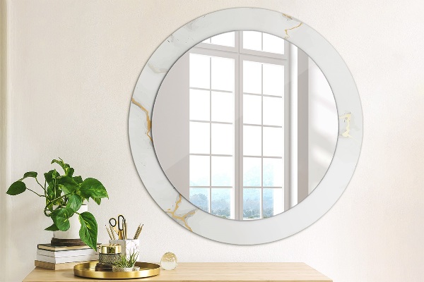 Miroir rond cadre avec impression Marbre doré blanc