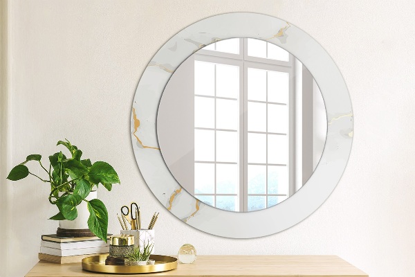 Miroir rond cadre avec impression Marbre doré blanc