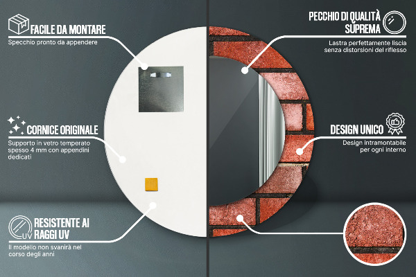 Miroir rond cadre avec impression Brique rouge