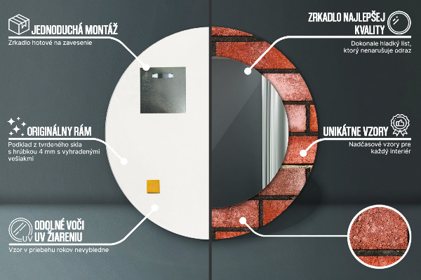 Miroir rond cadre avec impression Brique rouge