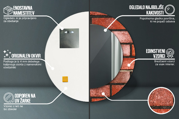 Miroir rond cadre avec impression Brique rouge