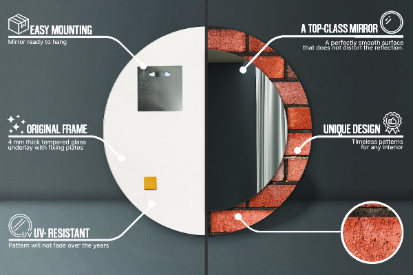 Miroir rond cadre avec impression Brique rouge