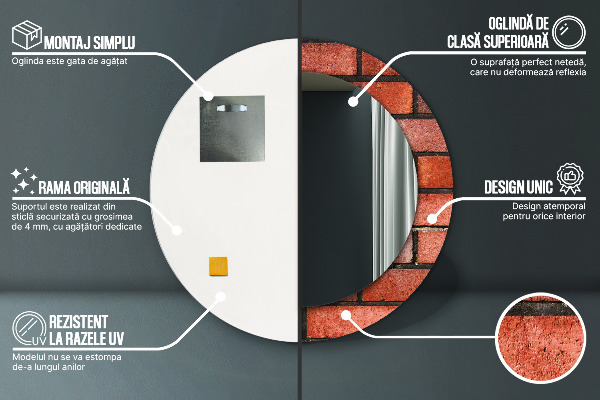 Miroir rond cadre avec impression Brique rouge