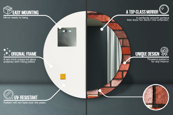 Miroir rond cadre avec impression Brique rouge