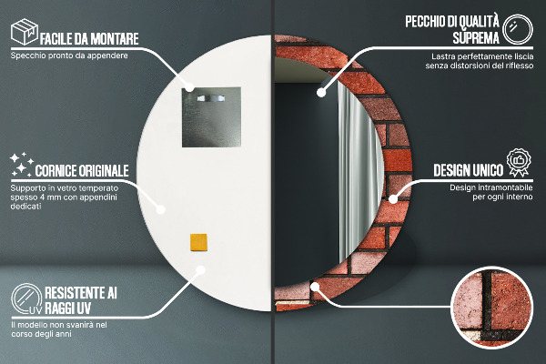 Miroir rond cadre avec impression Brique rouge