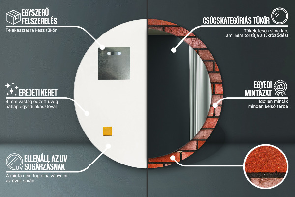 Miroir rond cadre avec impression Brique rouge