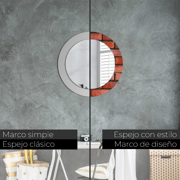 Miroir rond cadre avec impression Brique rouge