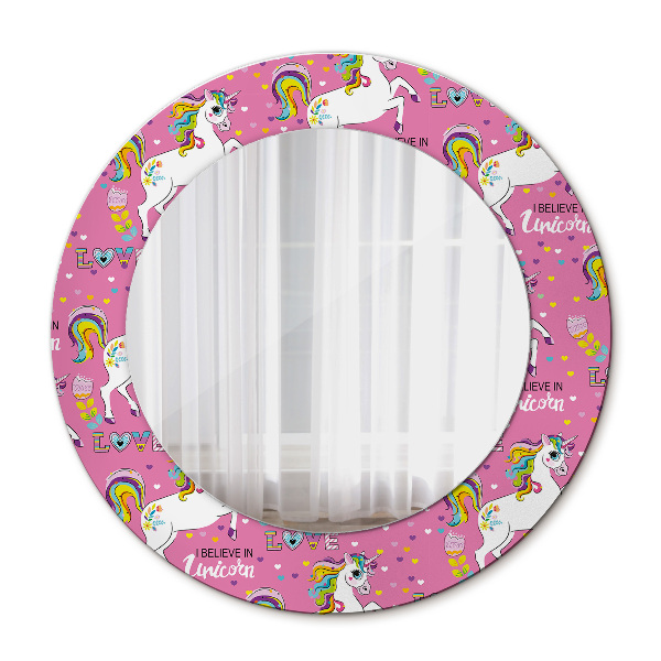 Miroir rond cadre avec impression Licorne magique