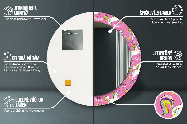Miroir rond cadre avec impression Licorne magique