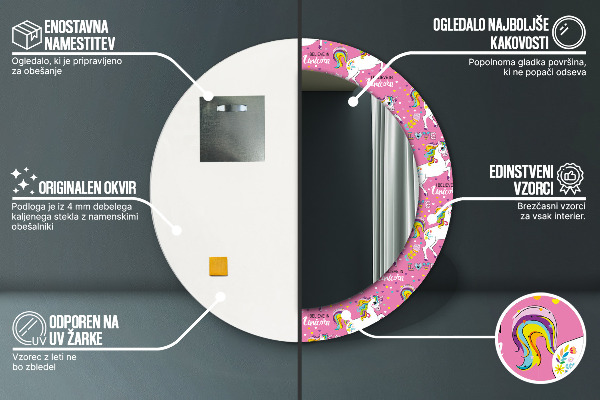 Miroir rond cadre avec impression Licorne magique