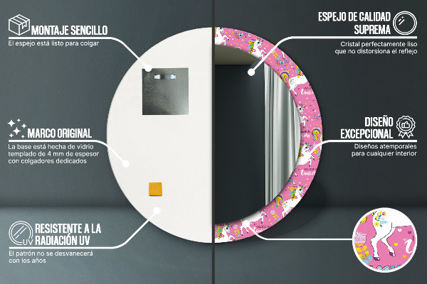 Miroir rond cadre avec impression Licorne magique