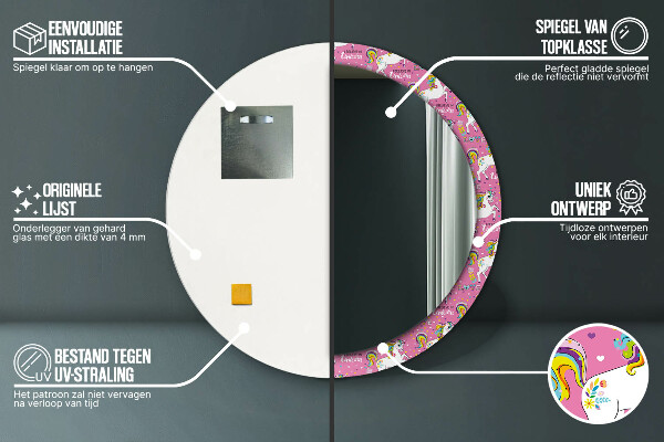 Miroir rond cadre avec impression Licorne magique