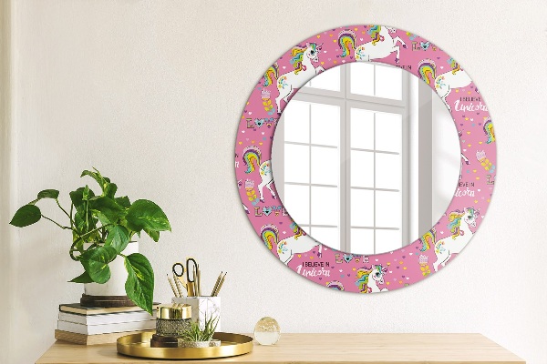 Miroir rond cadre avec impression Licorne magique