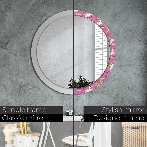 Miroir rond cadre avec impression Licorne magique