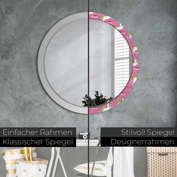Miroir rond cadre avec impression Licorne magique