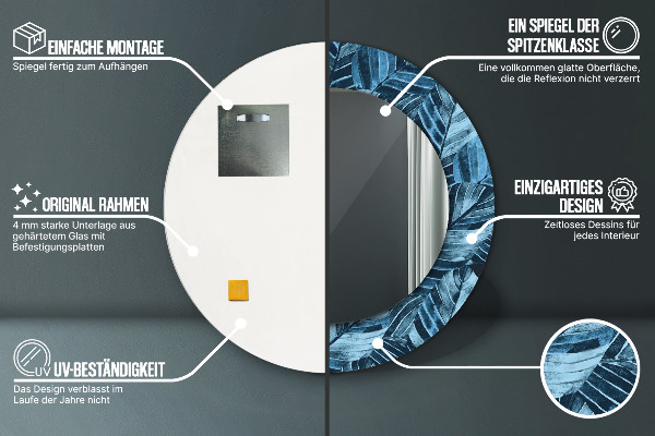 Miroir rond cadre avec impression Feuilles de la jungle