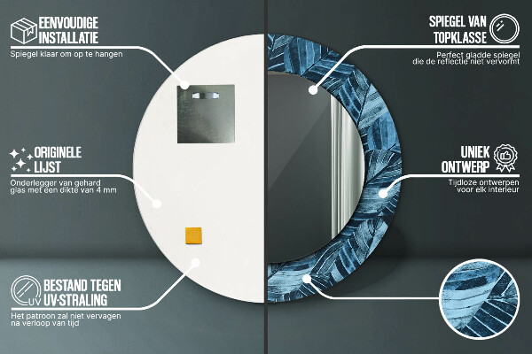 Miroir rond cadre avec impression Feuilles de la jungle