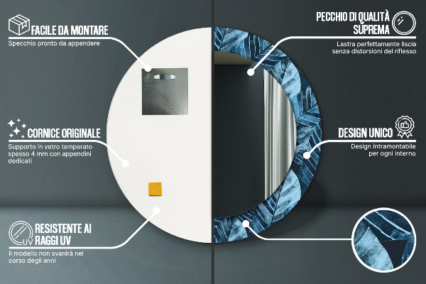 Miroir rond cadre avec impression Feuilles de la jungle