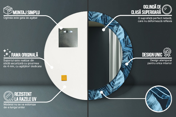 Miroir rond cadre avec impression Feuilles de la jungle