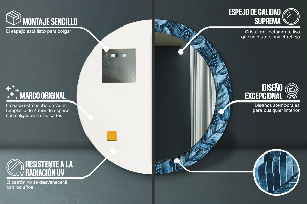 Miroir rond cadre avec impression Feuilles de la jungle