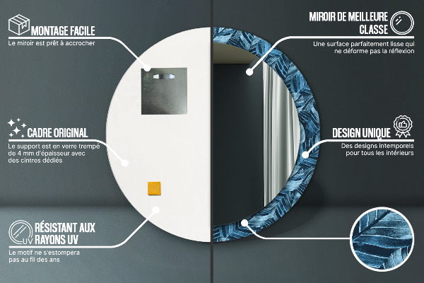 Miroir rond cadre avec impression Feuilles de la jungle