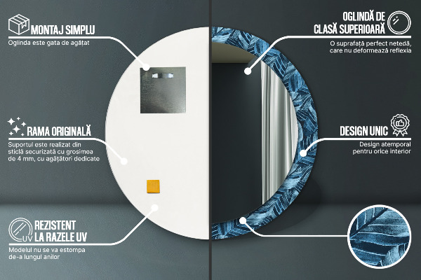 Miroir rond cadre avec impression Feuilles de la jungle
