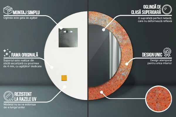 Miroir rond cadre avec impression Métal rouillé