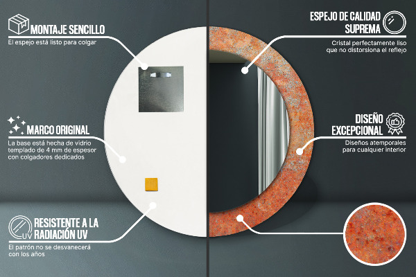 Miroir rond cadre avec impression Métal rouillé