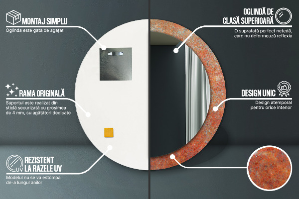 Miroir rond cadre avec impression Métal rouillé